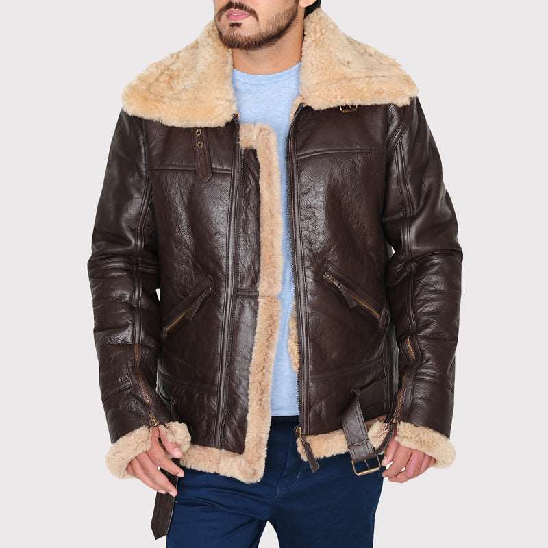 B3 Classic Brown Shearling Bomber Leather Jacket for Men