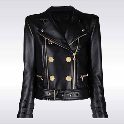 Balmain Style Black Leather Biker Jacket for Women