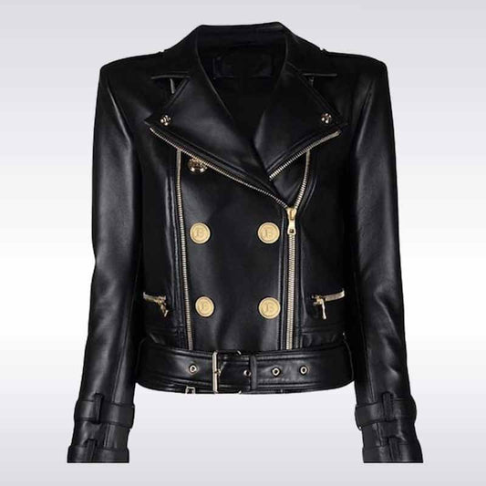 Balmain Style Black Leather Biker Jacket for Women