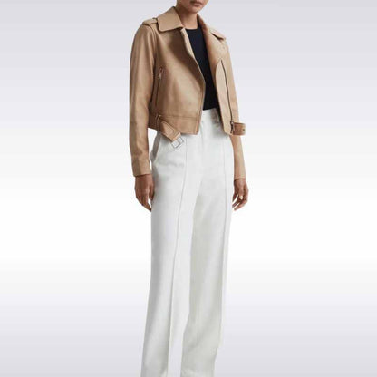 Beige Lambskin Leather Biker Jacket for Women