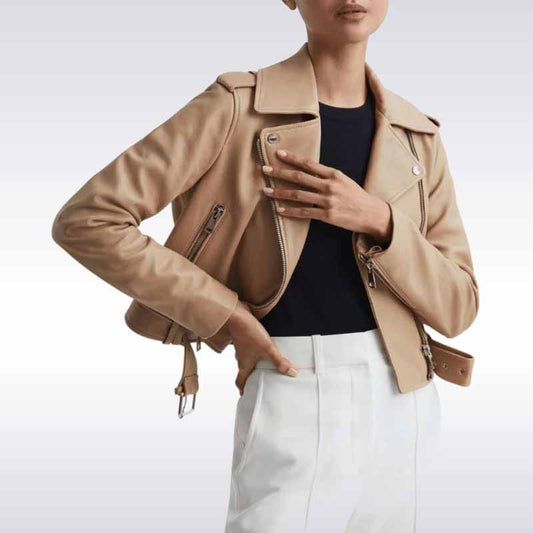 Beige Lambskin Leather Biker Jacket for Women