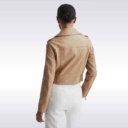 Beige Lambskin Leather Biker Jacket for Women