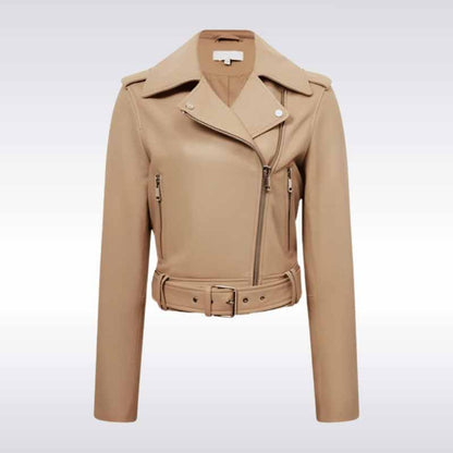 Beige Lambskin Leather Biker Jacket for Women