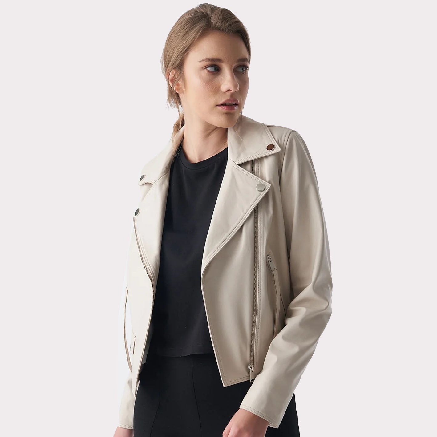 Beige Nappa Leather Women's Classic Biker Jacket