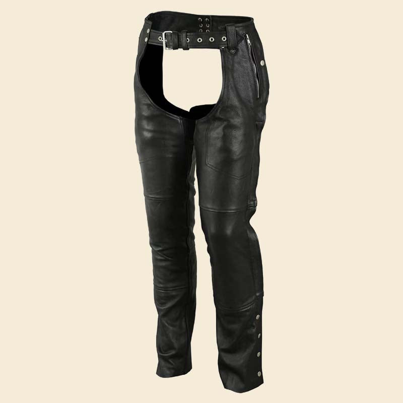 Best adjustable biker riding chaps for sale with metal snap closure by Jackets Kingdom