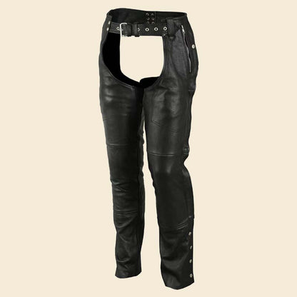 Best adjustable biker riding chaps for sale with metal snap closure by Jackets Kingdom