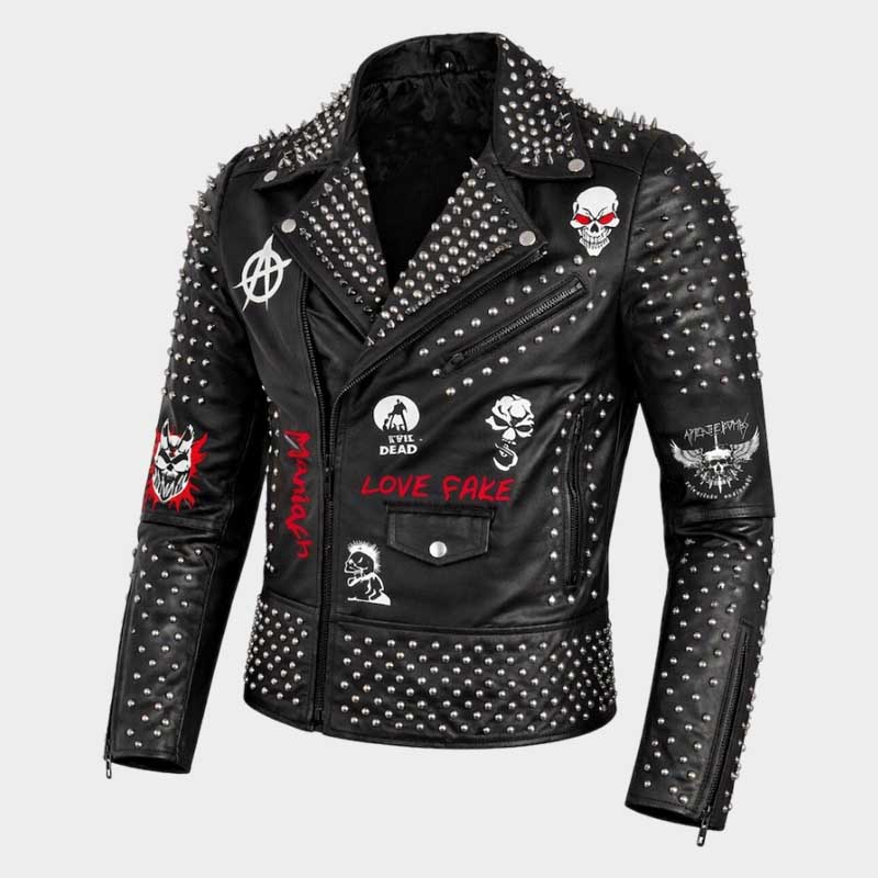 Best black gothic biker jacket featuring metal studs and genuine leather construction by Jackets Kingdom