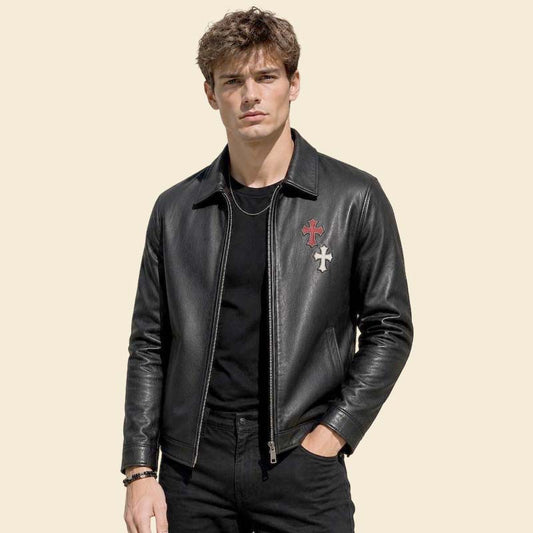 Best men black leather biker jacket with cross patch detailing by Jackets Kingdom