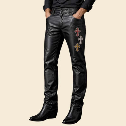 New men black leather gothic biker pants with studded cross patch by Jackets Kingdom