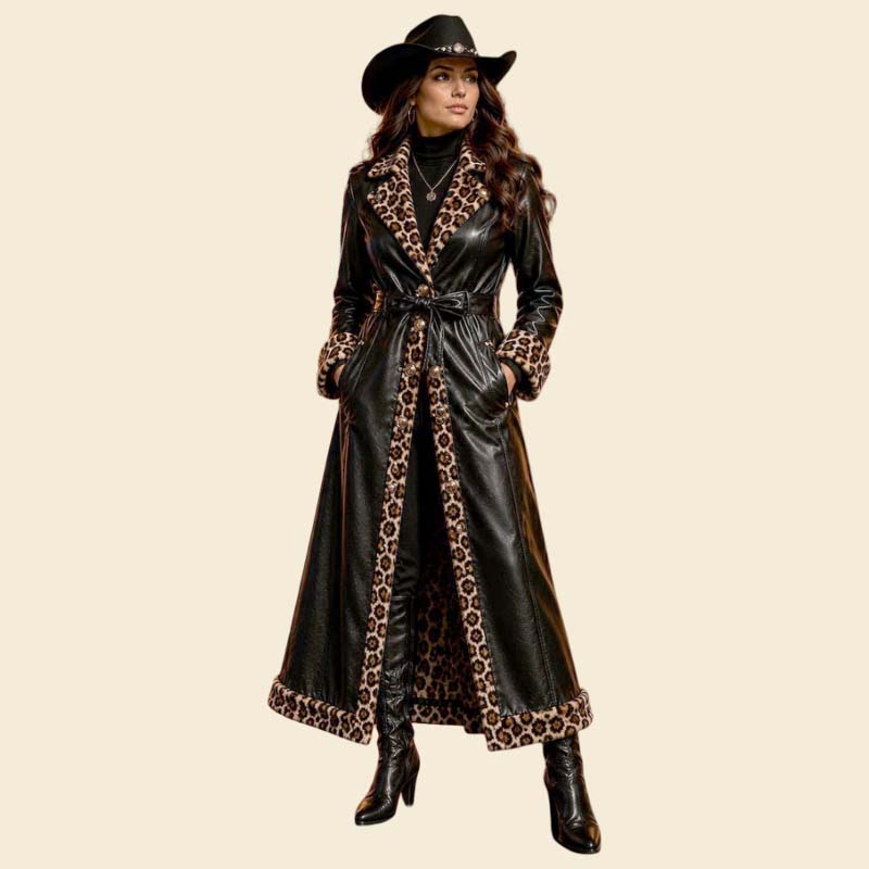 New women black leather western trench parka with leopard lining by Jackets Kingdom