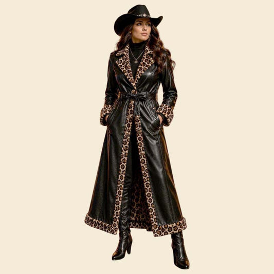 New women black leather western trench parka with leopard lining by Jackets Kingdom