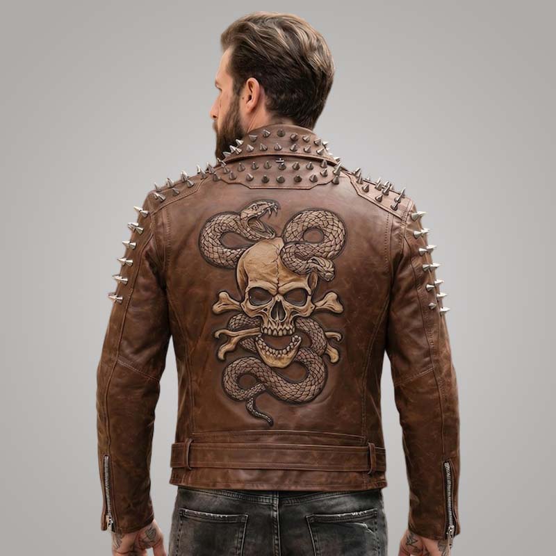 Best brown biker leather jacket crafted from genuine distressed leather with skull snake design by Jackets Kingdom