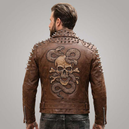 Best brown biker leather jacket crafted from genuine distressed leather with skull snake design by Jackets Kingdom