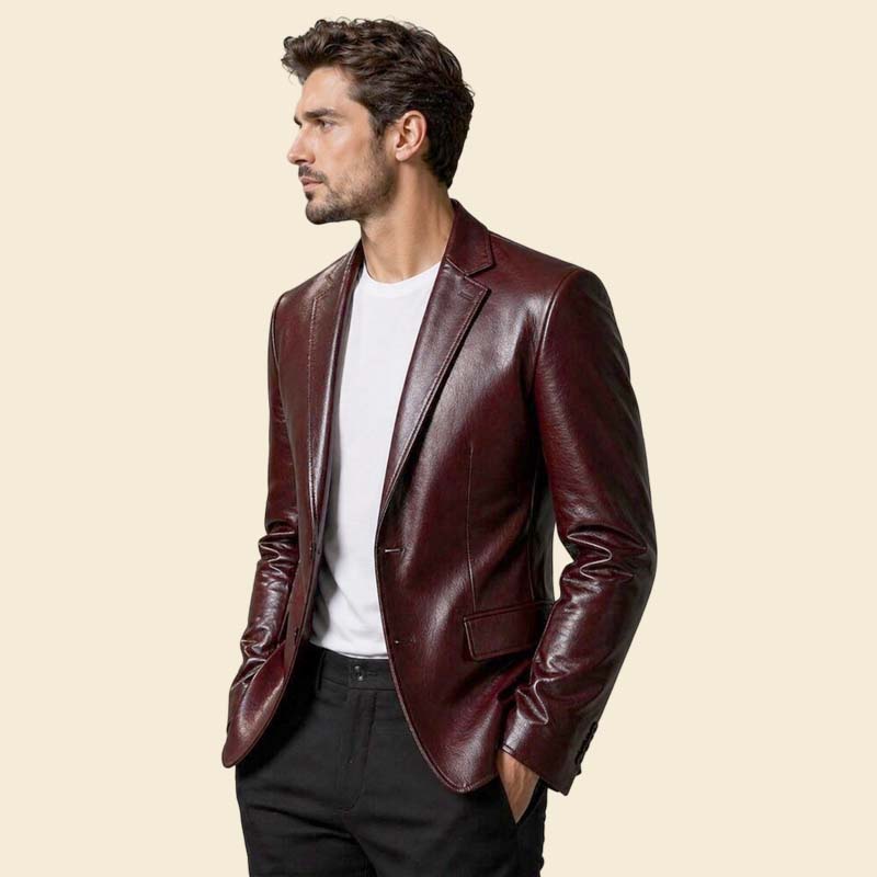 Best burgundy leather blazer jacket men minimalist style by Jackets Kingdom