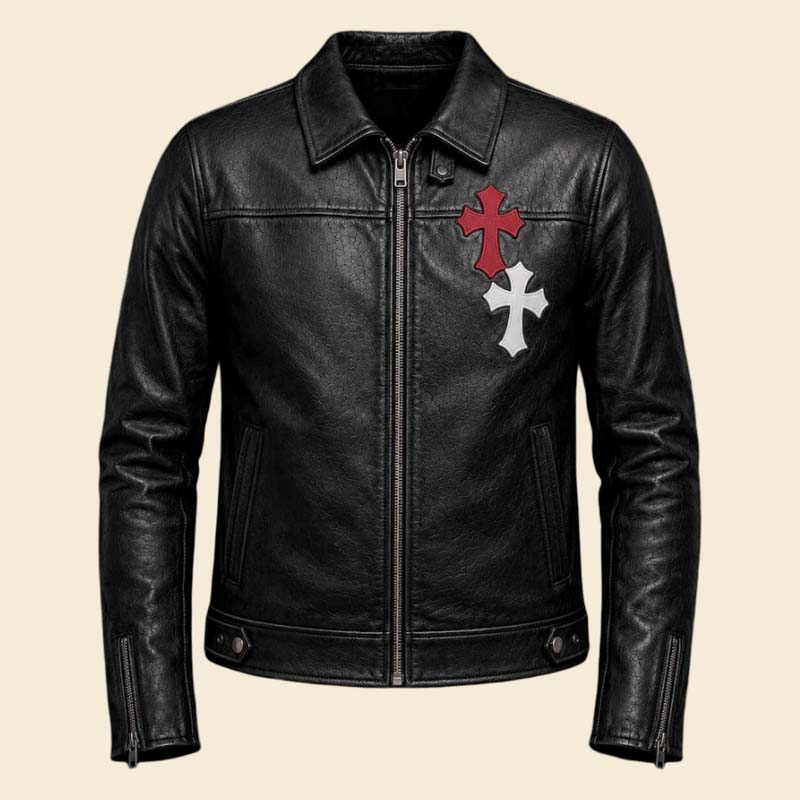 Best black leather biker jacket with cross patch detailing by Jackets Kingdom