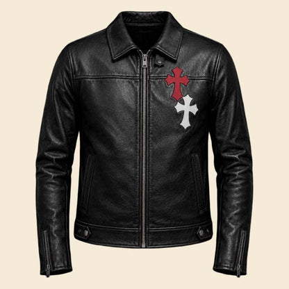 Best black leather biker jacket with cross patch detailing by Jackets Kingdom