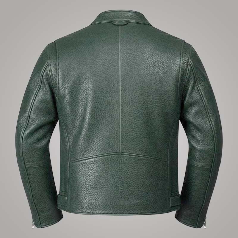 Best forest green leather biker jacket for sale in slim modern fit by Jackets Kingdom