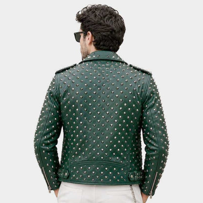 Best green studded moto jacket featuring punk rock biker styling by Jackets Kingdom