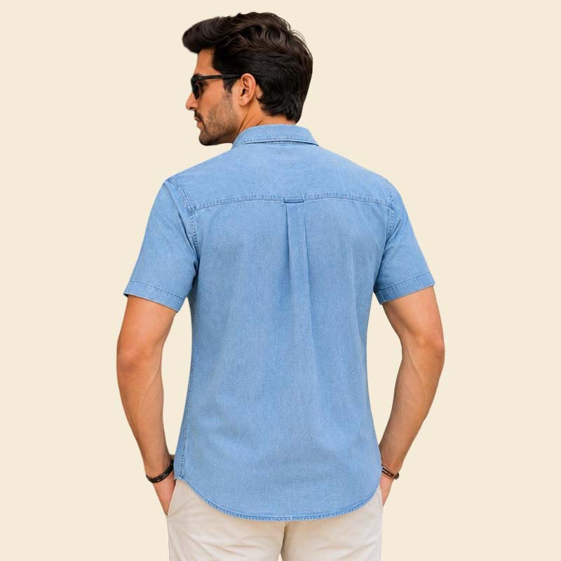 Best light blue cotton denim shirt for men with vertical stitch detail