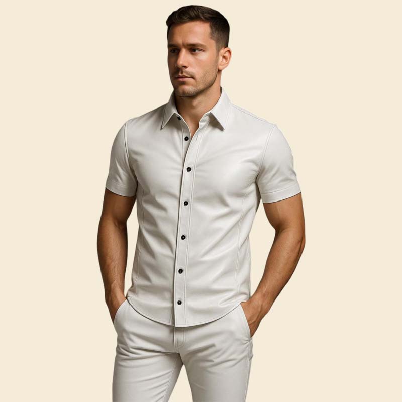Best men slim fit white sheep leather shirt with classic collar by Jackets Kingdom