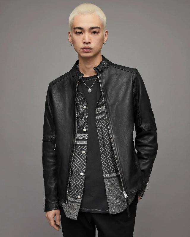 Best Men's Black Leather Harrington Jacket with Band Collar and Snap Button