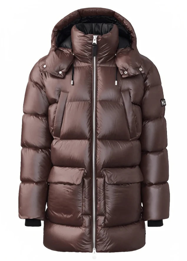 Best Men's Chocolate Brown Trench Puffer Coat with Removable Hood