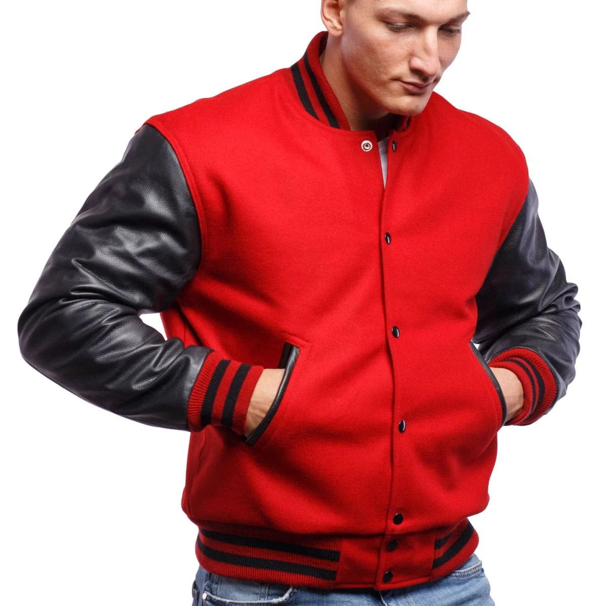 Best Men's Red Varsity Leather Jacket with Black Sleeves