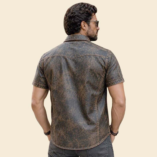 Best mens western leather shirt brown distressed finish by Jackets Kingdom