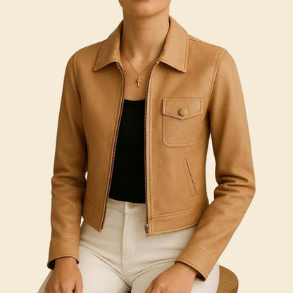 Best women tan cropped leather jacket minimalist style by Jackets Kingdom