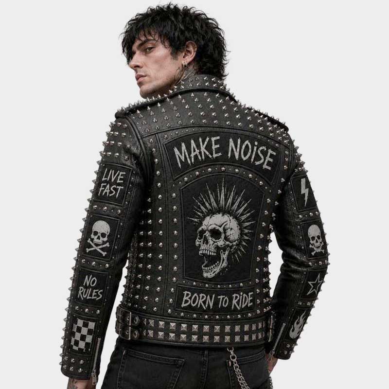 Best punk rock leather jacket featuring skull artwork and biker styling by Jackets Kingdom