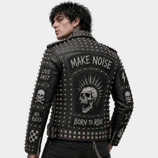 Best punk rock leather jacket featuring skull artwork and biker styling by Jackets Kingdom