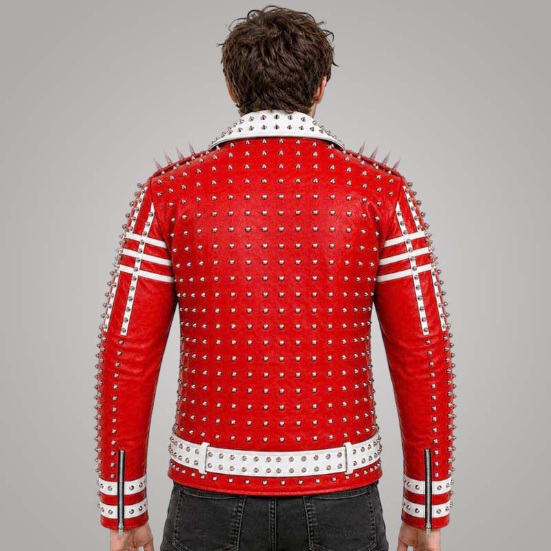 Best handcrafted red cowhide leather biker jacket for men with silver stud detailing