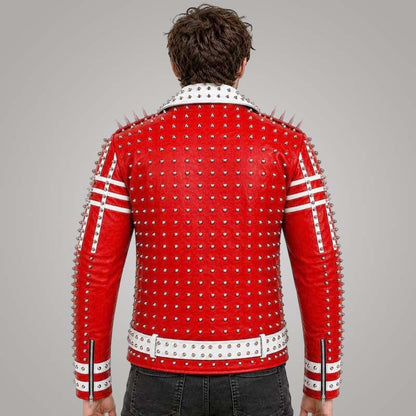 Best handcrafted red cowhide leather biker jacket for men with silver stud detailing