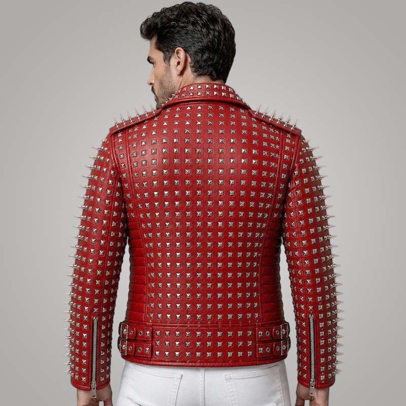 Best red punk rock leather jacket with biker styling and bold studded accents.