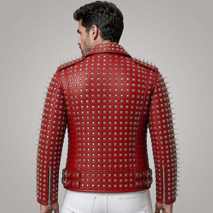 Best red punk rock leather jacket with biker styling and bold studded accents.