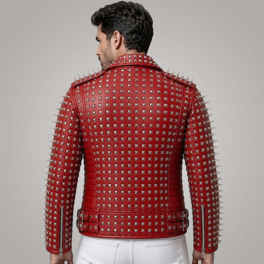 Best red punk rock leather jacket with biker styling and bold studded accents.