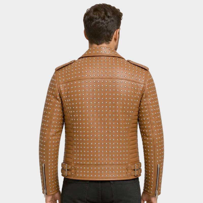Best studded brown leather jacket for sale featuring classic biker fashion by Jackets Kingdom