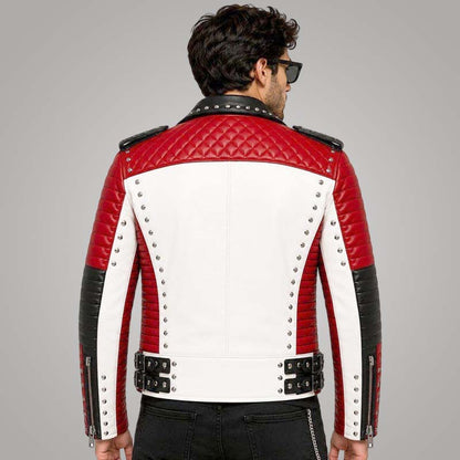 Best three tone moto jacket with quilted panels and silver stud detailing by Jackets Kingdom