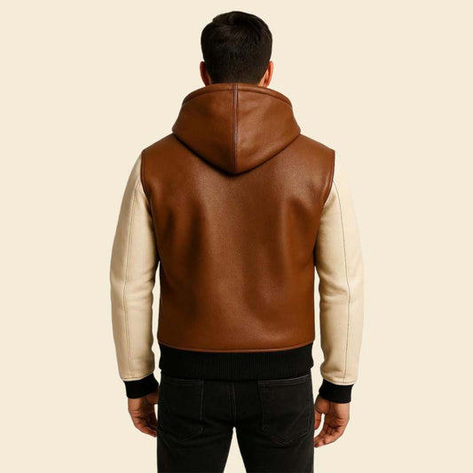 Best two tone brown and beige sheep leather hoodie jacket with structured hood by Jackets Kingdom