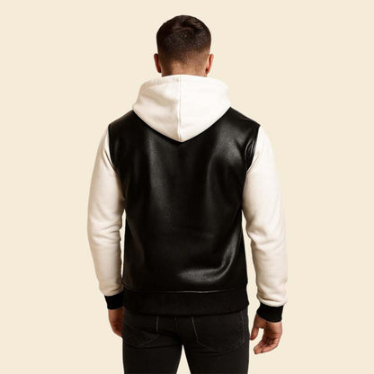 Best two tone white and black leather hoodie jacket with structured hood by Jackets Kingdom