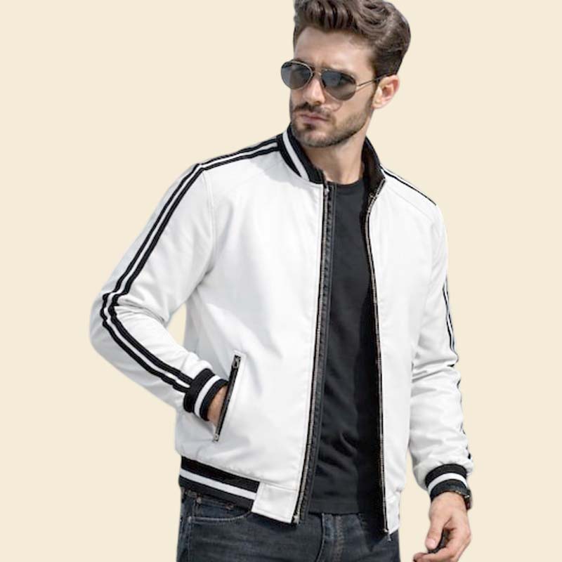 Best white and black striped bomber jacket streetwear style by Jackets Kingdom