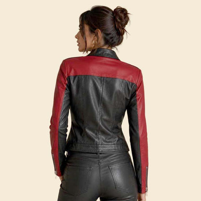 Best women slim fit moto jacket in red and black leather by Jackets Kingdom