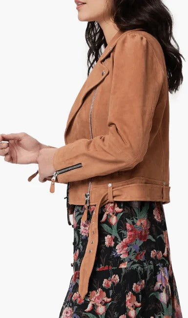 Best Women's Tan Brown Belted Suede Leather Biker Jacket