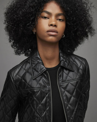 Women's Black Quilted Leather Bomber Jacket