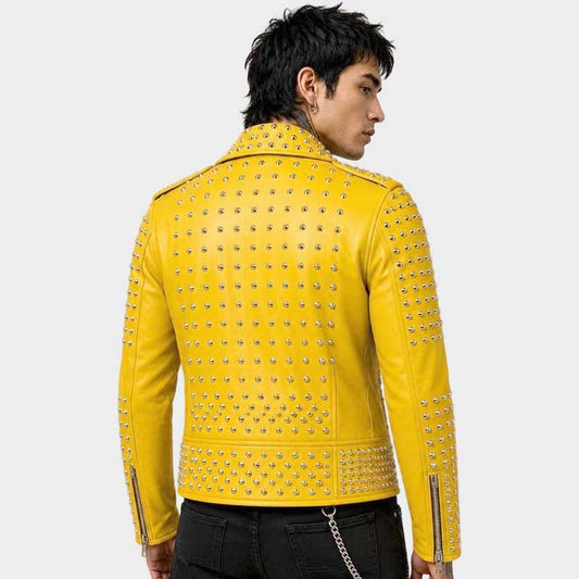 Best yellow cowhide leather biker jacket with handcrafted silver studs by Jackets Kingdom