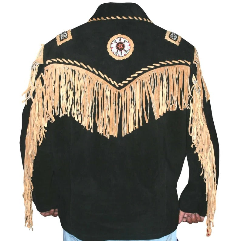 Black Cowboy Western Leather Jacket with Fringes and Beads