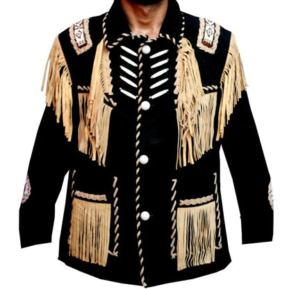Black Cowboy Western Leather Jacket with Fringes and Beads