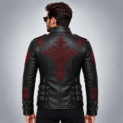 Gothic biker jacket with red embroidered cross and buckle straps