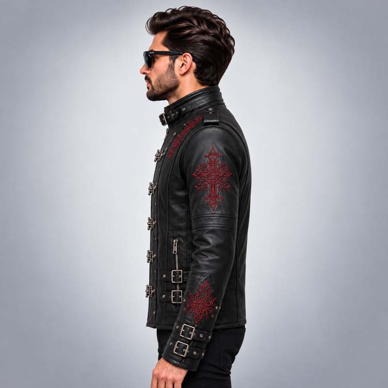 Black steampunk-inspired leather coat with high stand collar