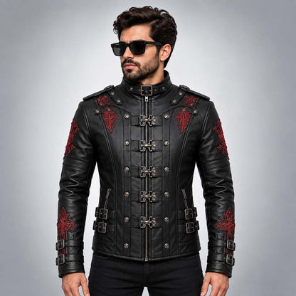 Men's black gothic faux leather jacket with red cross embroidery